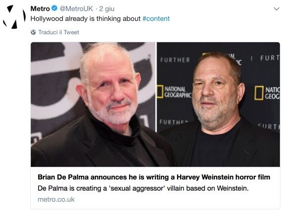 Brian De Palma dirigerà un horror su Harvey Weinstein Brian De Palma dirigerà un horror su Harvey Weinstein