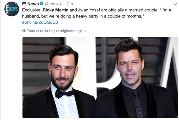 Ricky Martin nozze gay con il compagno Jwan Yosef senza cerimonia